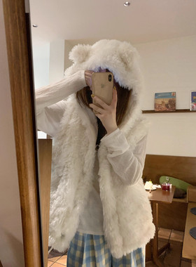 小熊耳朵马甲连帽毛毛外套女2026春秋新款仿羊羔毛绒马夹坎肩背心