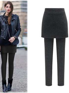 秋冬200斤加大码包臀裙裤假两件打底裤加绒加厚女保暖显瘦小脚裤
