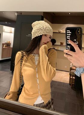 撞色假两件圆领针织开衫女装秋季休闲打底毛衣设计感减龄短款上衣