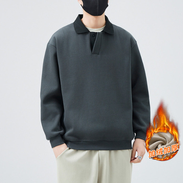 2025秋冬新款翻领长袖POLO衫加绒加厚卫衣T恤卫衣男士