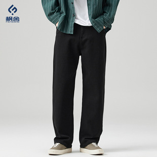 潮流/黑色弯刀裤男直筒宽松秋冬潮牌裤子男刺绣水洗弯刀裤