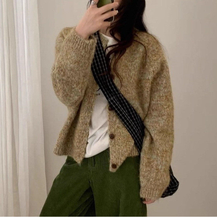 韩系秋冬穿搭针织开衫女宽松慵懒风2026新款花色毛衣外套短款上衣