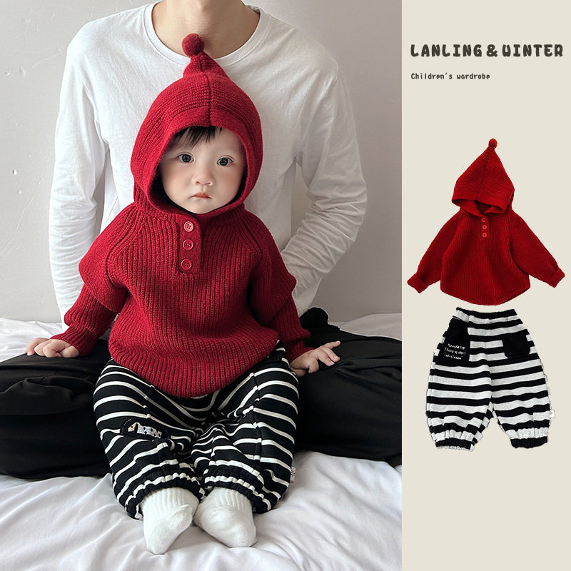 婴儿衣服红色毛衣套装秋冬季男女宝宝洋气连帽加厚针织衫喜庆新年