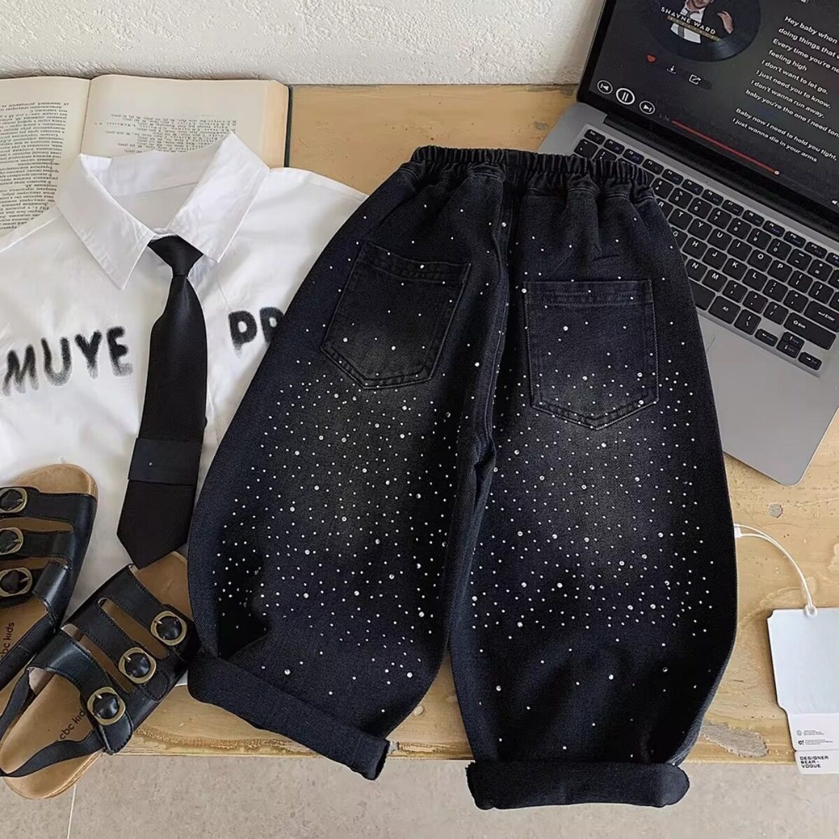 儿童长裤26春男童韩版潮酷烫钻黑色牛仔休闲裤宝宝小童洋气直筒裤