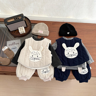 超萌男宝宝秋冬季马甲套装可爱女童夹棉加绒卡通背心保暖棉裤冬天