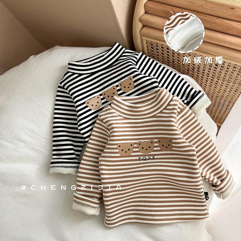 婴儿童秋冬衣服条纹卡通一体绒上衣男宝宝加厚加绒保暖帅气打底衫
