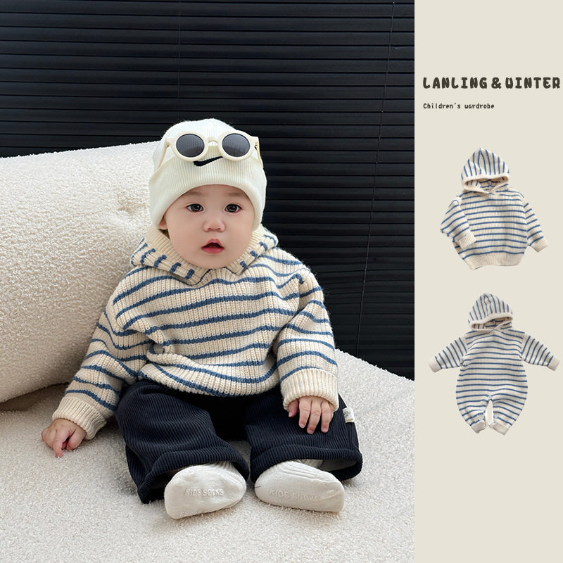 韩系男童毛衣秋冬装帅气小童加厚连帽针织衫休闲撞色条纹百搭上衣