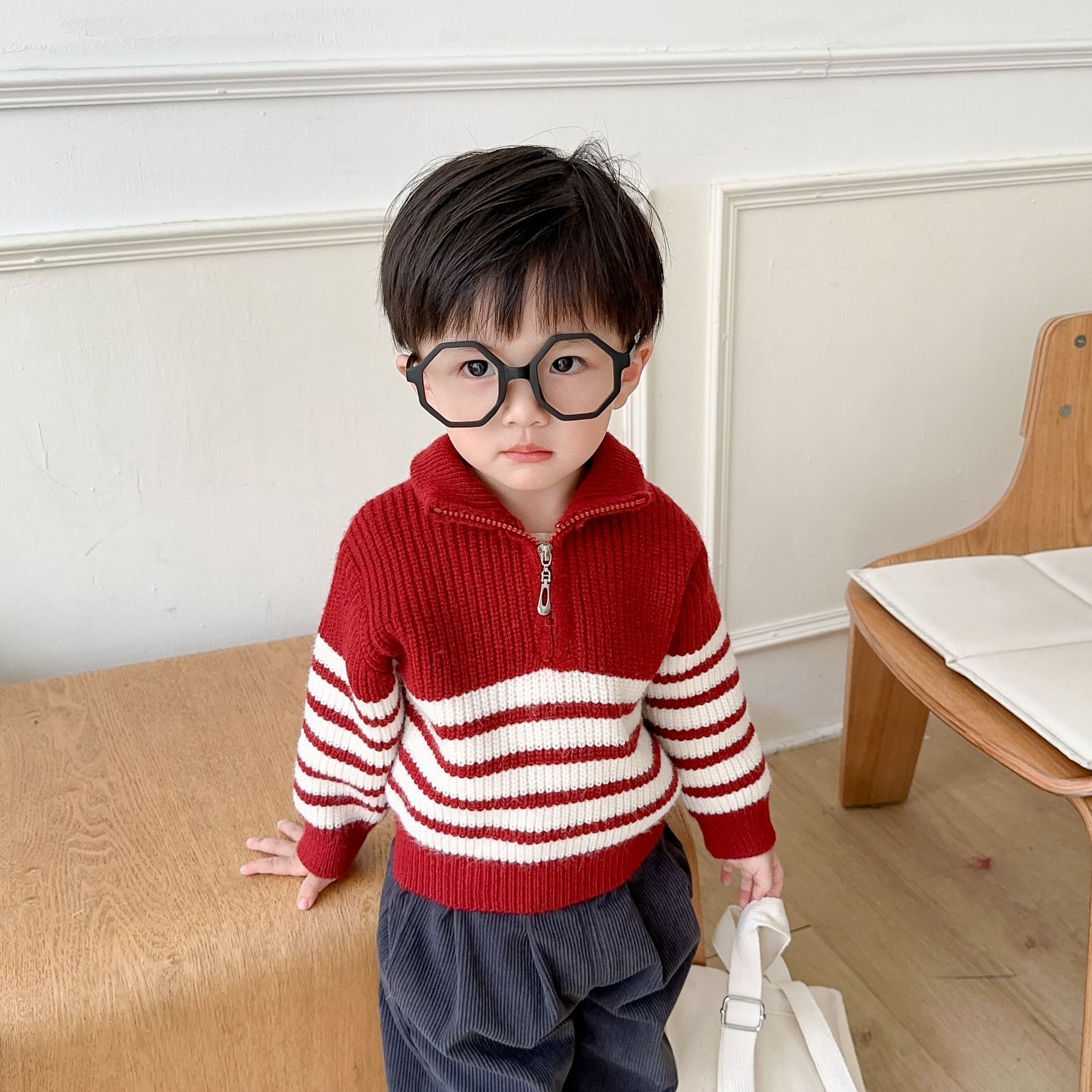 儿童毛衣男童拉链立领针织衫秋冬过年衣服小宝宝条纹拜年服女红色