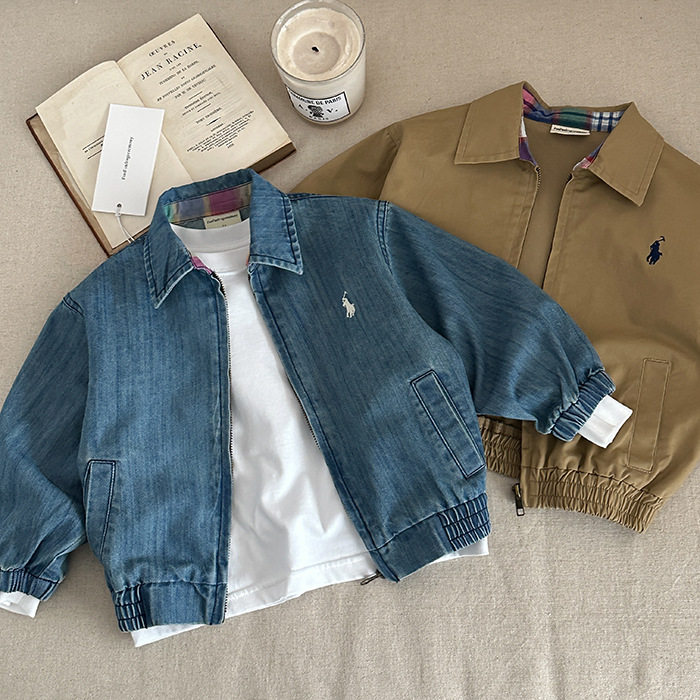 儿童夹克2026春秋新款男童纯色开衫上衣潮牌小宝宝牛仔外套女洋气