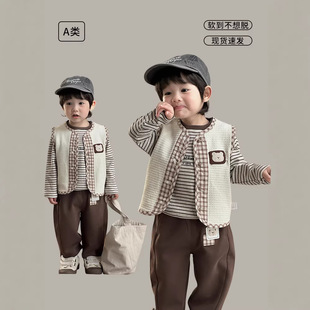 男宝宝春装三件套2026年新品韩版春秋款婴儿分体衣服简约打底衫A