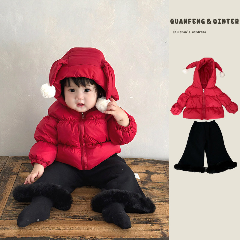 女童新年红色羽绒服套装洋气宝宝白鸭绒保暖外套婴幼儿保暖喇叭裤