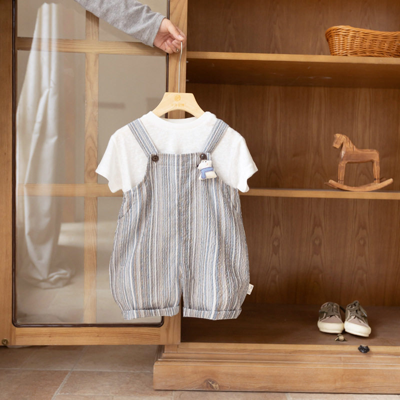 婴儿衣服夏季男宝宝背带裤套装薄款一岁婴幼儿夏装新款洋气两件套