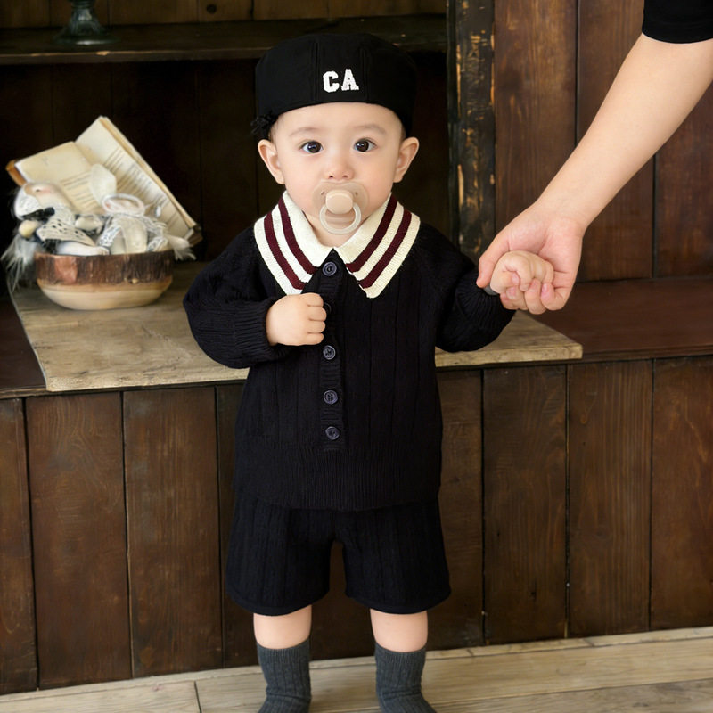 早春男宝宝学院风针织套装春秋季婴儿洋气polo开衫小童休闲五分裤
