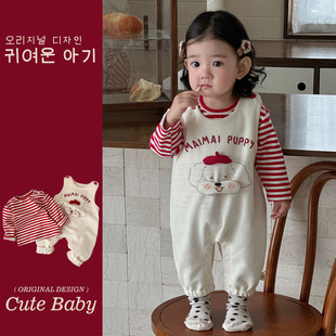 宝宝春秋衣服连体衣女童洋气小套装条纹上衣婴儿背带裤春季外出服