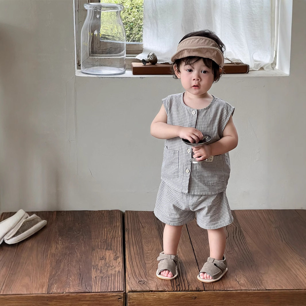 男童夏季衣服薄款2026新品儿童夏装韩版童装夏款宝宝开衫格子套装