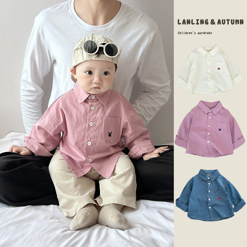 韩版男童春秋套装婴儿刺绣长袖衬衫纯色休闲裤两件套宝宝外出衣服