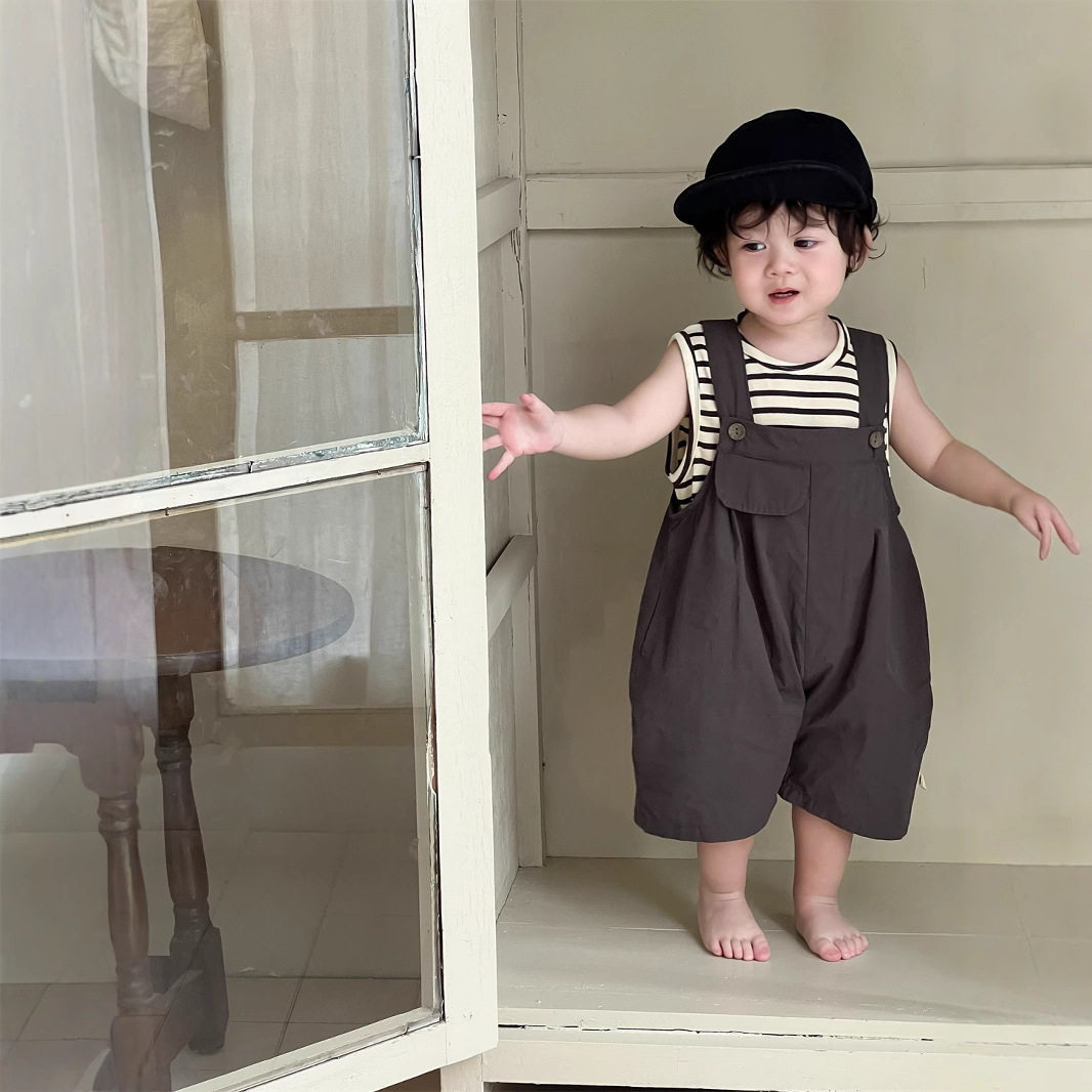 男童夏装薄款2026新品宝宝衣服夏款韩版童装儿童条纹T背带裤套装