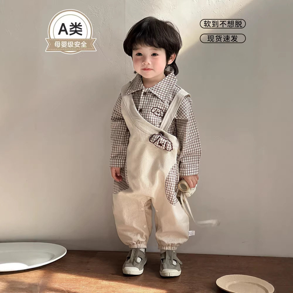 婴儿衣服春秋季背带裤套装一岁男孩宝宝小月龄衬衫洋气分体春款潮