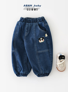 宝宝秋冬裤子新生儿韩版熊猫刺绣儿童外穿水洗牛仔加绒长裤55857