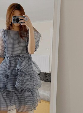 Kalman  孤品！气质优雅！泡泡袖叠层花边网纱格子连衣裙A52690