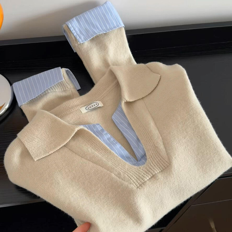 设计感撞色假两件拼接针织衫女