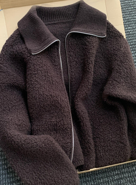 CHAO级推荐！棕色翻领羊羔绒毛衣外套女秋冬季老钱风慵懒针织开衫