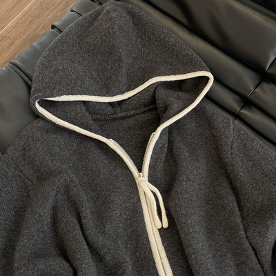 深灰色撞色慵懒连帽拉链针织外套