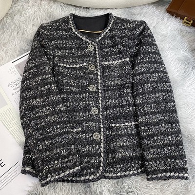 黑灰色花边重工混纺编织粗花呢