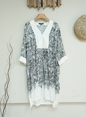 Kalman | 艺术!真丝100斜纹黑白涂鸦定位印花典雅连衣裙A00201