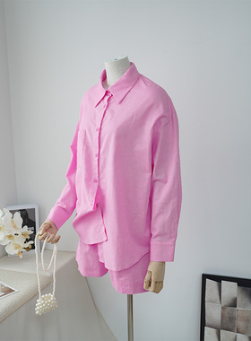 Kalman | 【慵懒美学｜粉雾亚麻套装】慵懒廓形衬衫×短裤CP