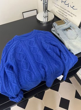 蓝色圆领套头麻花针织衫上衣女2025秋冬新款慵懒风高级感百搭毛衣