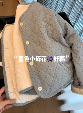 CHAO级推荐！韩系蓝色小碎花灯芯绒棉服女冬季新款羊羔绒棉衣外套