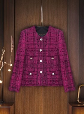 【秋冬复古】深玫红暖调格纹粗花呢编织外套        ~~A75908