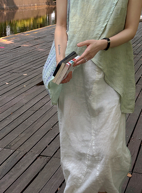 现货速发 只做亚麻 植物系浅绿色亚麻衬衫 夏季薄款拼色半身裙