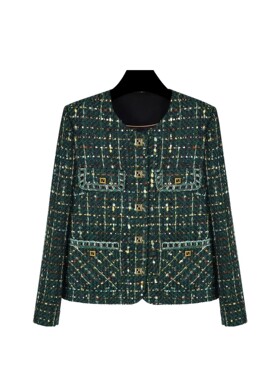 深绿色纱线重工混纺编织小香风粗花呢外套名媛气质时尚A70926