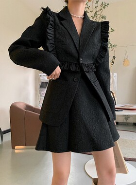 清仓捡漏~~【黑珍珠】西装短裙套装~~肩部褶皱设计A51254