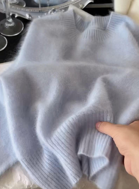 CHAO级推荐！灰蓝色羊绒拉绒圆领毛衣女冬季新款慵懒风软糯针织衫