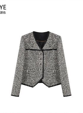 清仓捡漏~~撞色复古小香外套女秋短款粗花呢V领设计感法式A71667