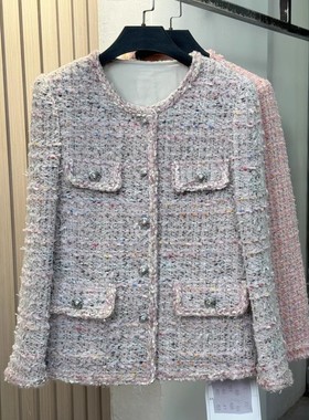 【甜美俏皮】  浅粉彩纱粗花呢中长款外套             ~~A78012