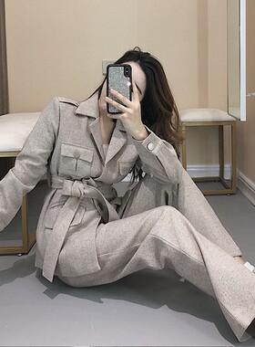 清仓捡漏~~港花呢猎装式外套 高腰直筒裤套装女S7097