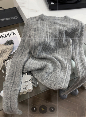灰色圆领针织衫上衣女气质百搭甜辣风2025年秋季新款修身显瘦毛衣