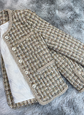 法式卡其色羽绒服内胆小香风外套女2024冬季新款加厚粗花呢A72015