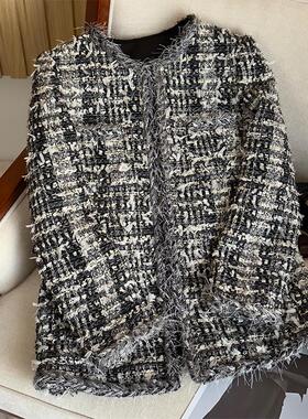 灰色粗花呢编织小香风流苏外套2025新款春秋小个子百搭上衣A78028