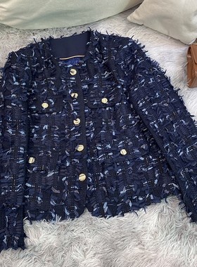 深蓝色重工面料浅杏色纱线混纺编织小香风外套女A70892