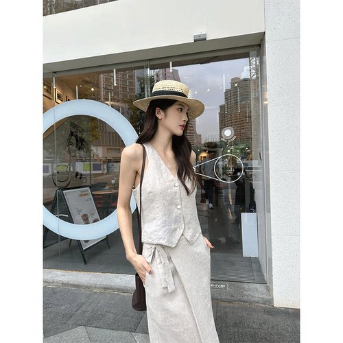 高端小资小套装亚麻老钱风马甲背心高级感休闲简约半身裙上班通勤