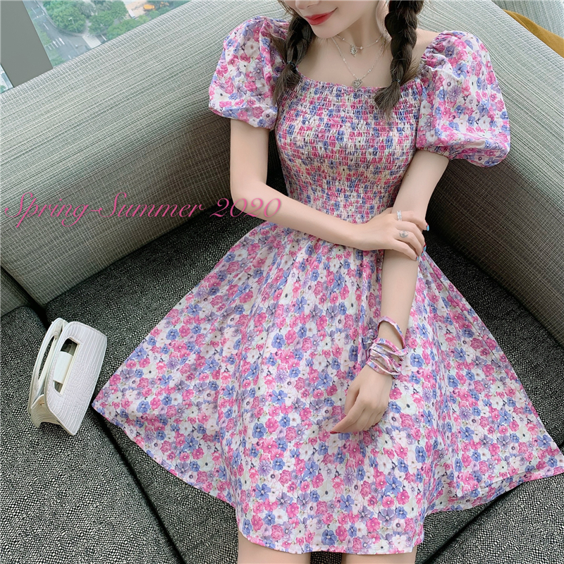 Real price real shot girl pink oil painting floral dress bubble sleeve high waist elastic waist tea break skirt