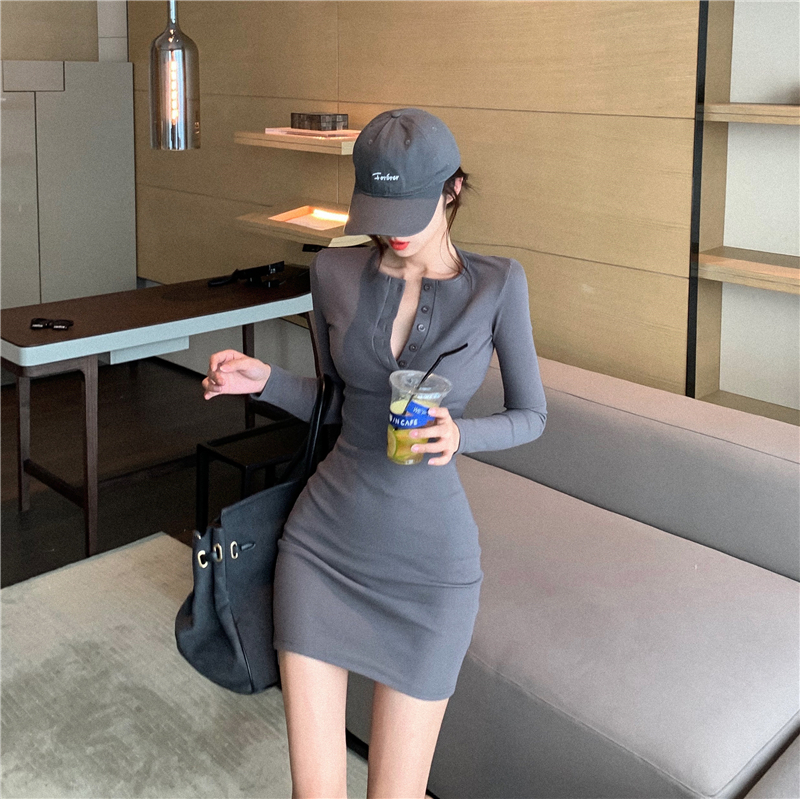 Real price real shot retro TIGHT SKINNY bag hip dress versatile sexy long sleeve bottomed little black skirt