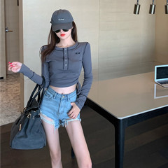 Real price real shot back design open line decoration long sleeve grey bottoming shirt drawstring short top T-shirt fashion