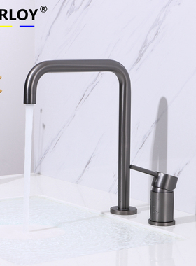 黄铜双孔枪灰色面盆水龙头冷热水拉丝金台盆厨房卫生间家用可旋转