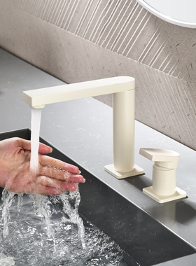 全铜双孔面盆冷热水龙头白色可旋转分体式枪灰拉丝金洗脸池洗漱台